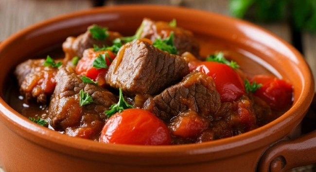 Tigela marrom com picadinho de carne e tomates ao molho.
