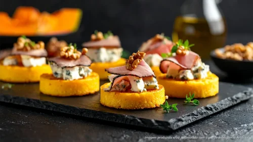 Canapé de polenta frita com presunto alemão, queijo gorgonzola e nozes
