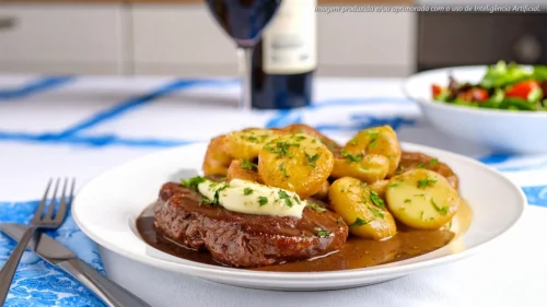 Bife do vazio com manteiga de ervas e batatas ao murro