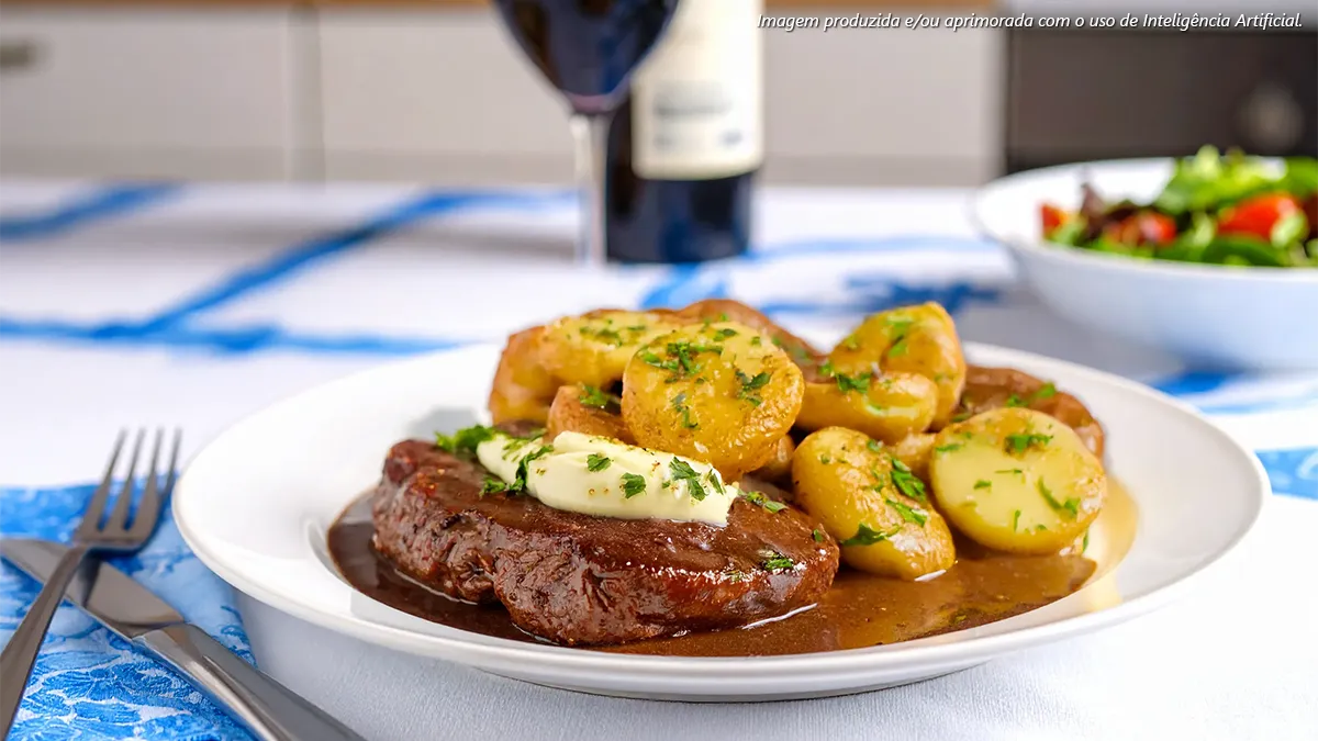 Bife do vazio com manteiga de ervas e batatas ao murro