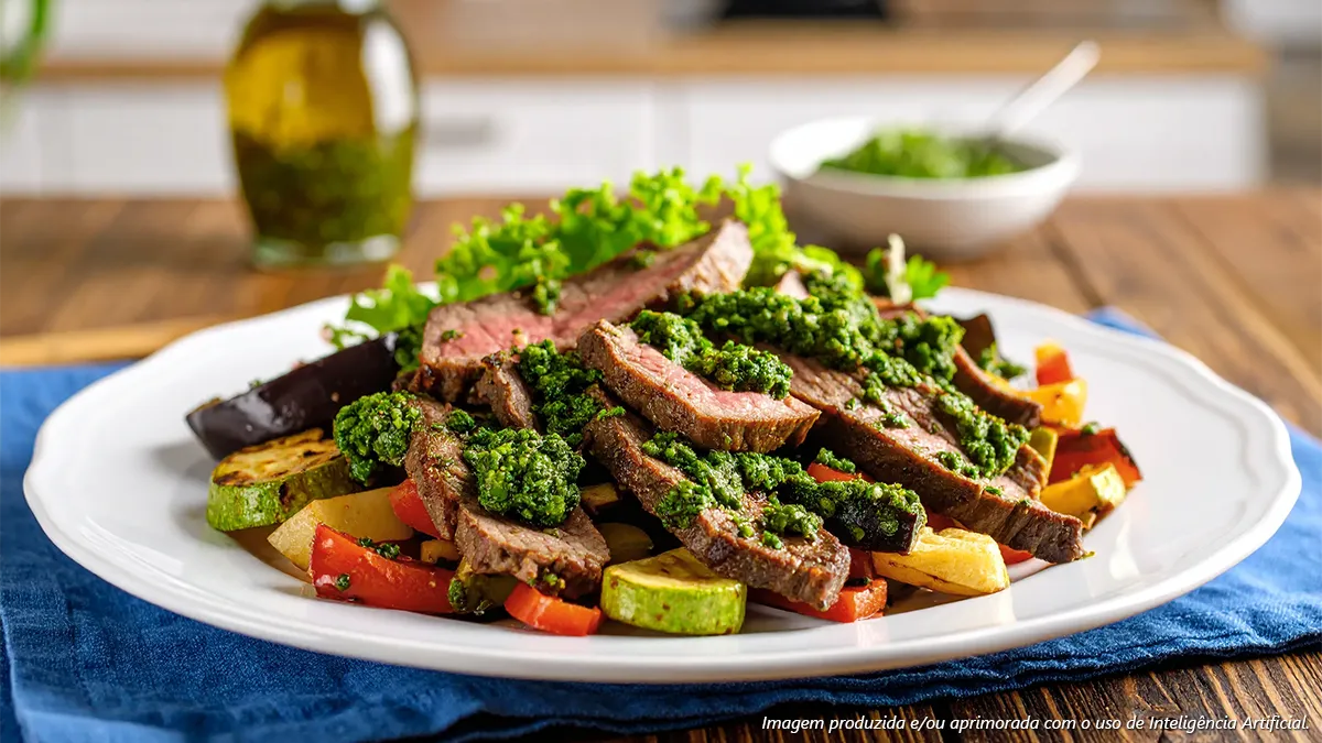 Bife do vazio com molho chimichurri e legumes grelhados