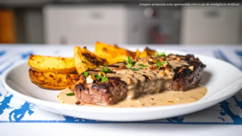 Diafragma bovino grelhado com molho de gorgonzola e batatas rústicas