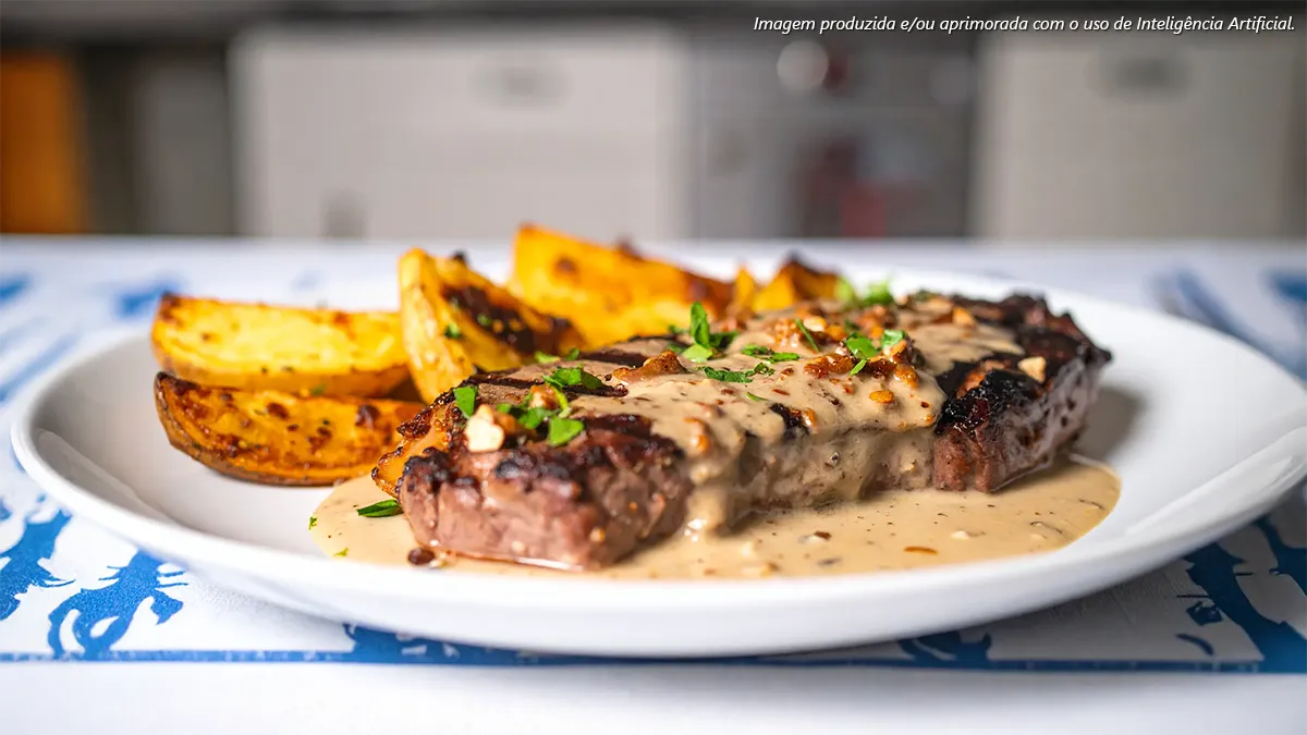 Diafragma bovino grelhado com molho de gorgonzola e batatas rústicas