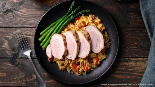 Picanha Suína Assada com Risoto de Tomates e Aspargos