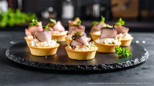 Mini tarteletes de queijo de cabra com presunto alemão