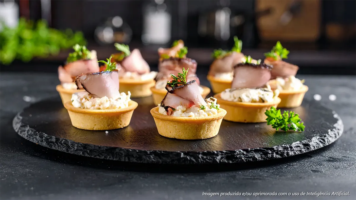 Mini tarteletes de queijo de cabra com presunto alemão