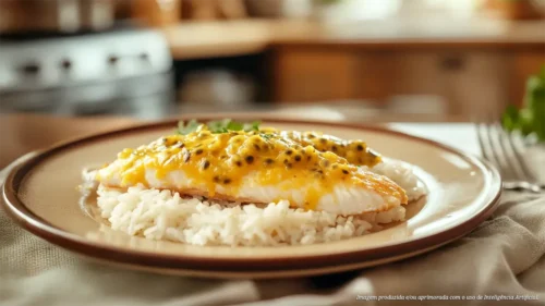 Pescadinha com molho de maracujá e arroz de coco