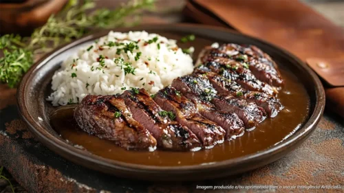 Picanha ao molho de whisky com arroz branco
