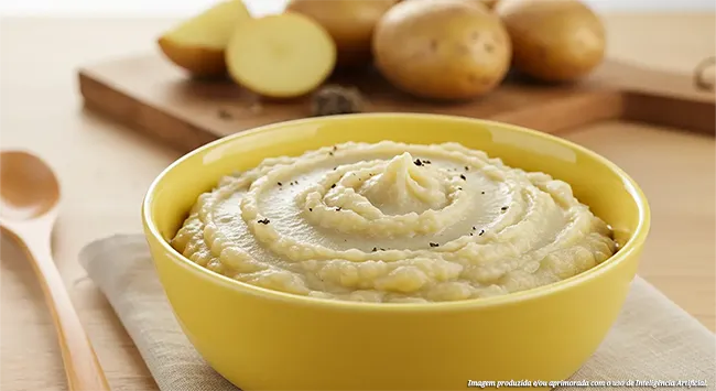 Uma tigela amarela contém um purê de batata trufado cremoso com espirais na superfície e salpicado com pimenta-do-reino moída. Ao fundo, batatas inteiras e cortadas repousam sobre uma tábua de madeira.