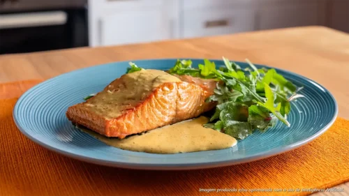 Salmão assado com salada de rúcula e molho de mel e mostarda