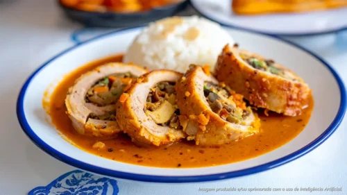 Bife a Rolê Suíno com Arroz e Lâminas de Amêndoas