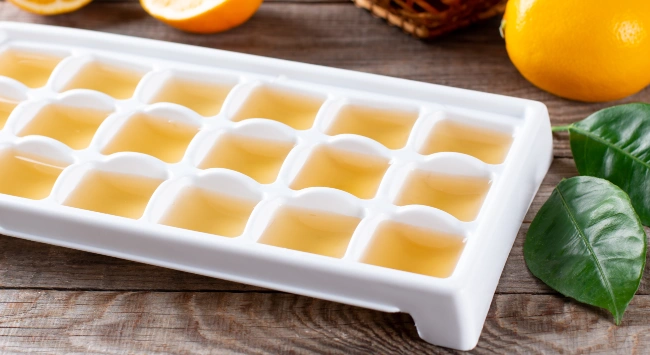 Forma de gelo preenchida com suco de limão pronta para ir ao congelador, ao lado de limões e folhas, em cenário rústico e natural.