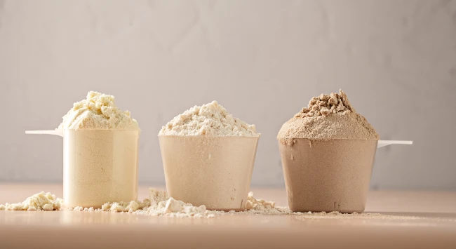 Doses de whey protein em potinhos.